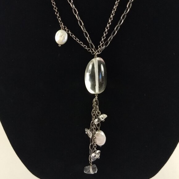 Clear Bead Coin Pearl Long Line Statement Necklace Marked 925 Art Teacher Boho - Picture 2 of 7